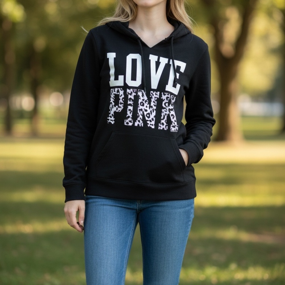 PINK Victoria's Secret Black Hoodie with Leopard Print